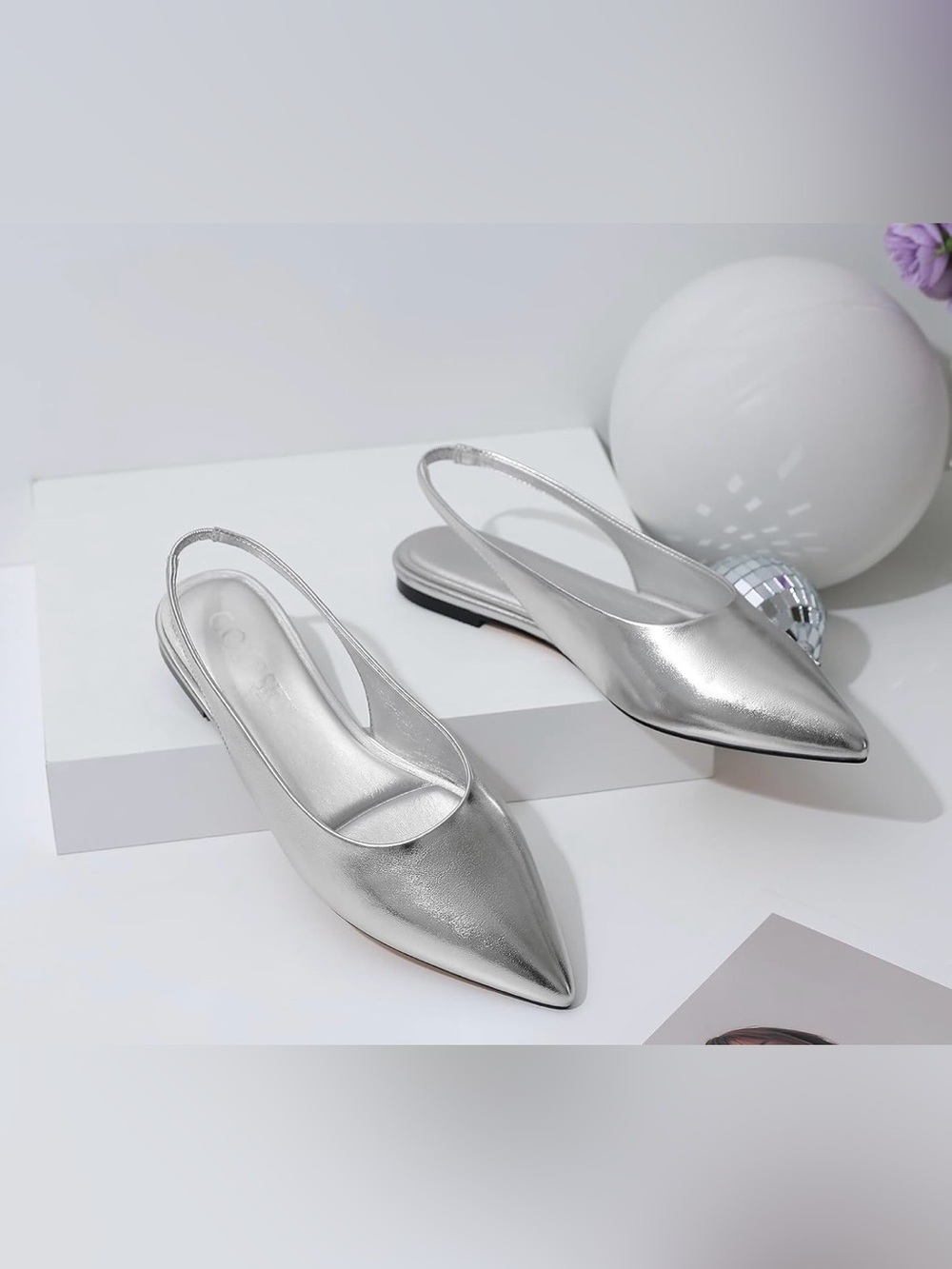 Goupsky Silver Pointed Slingback Flats - Women's Chic Metallic Shoes size 7